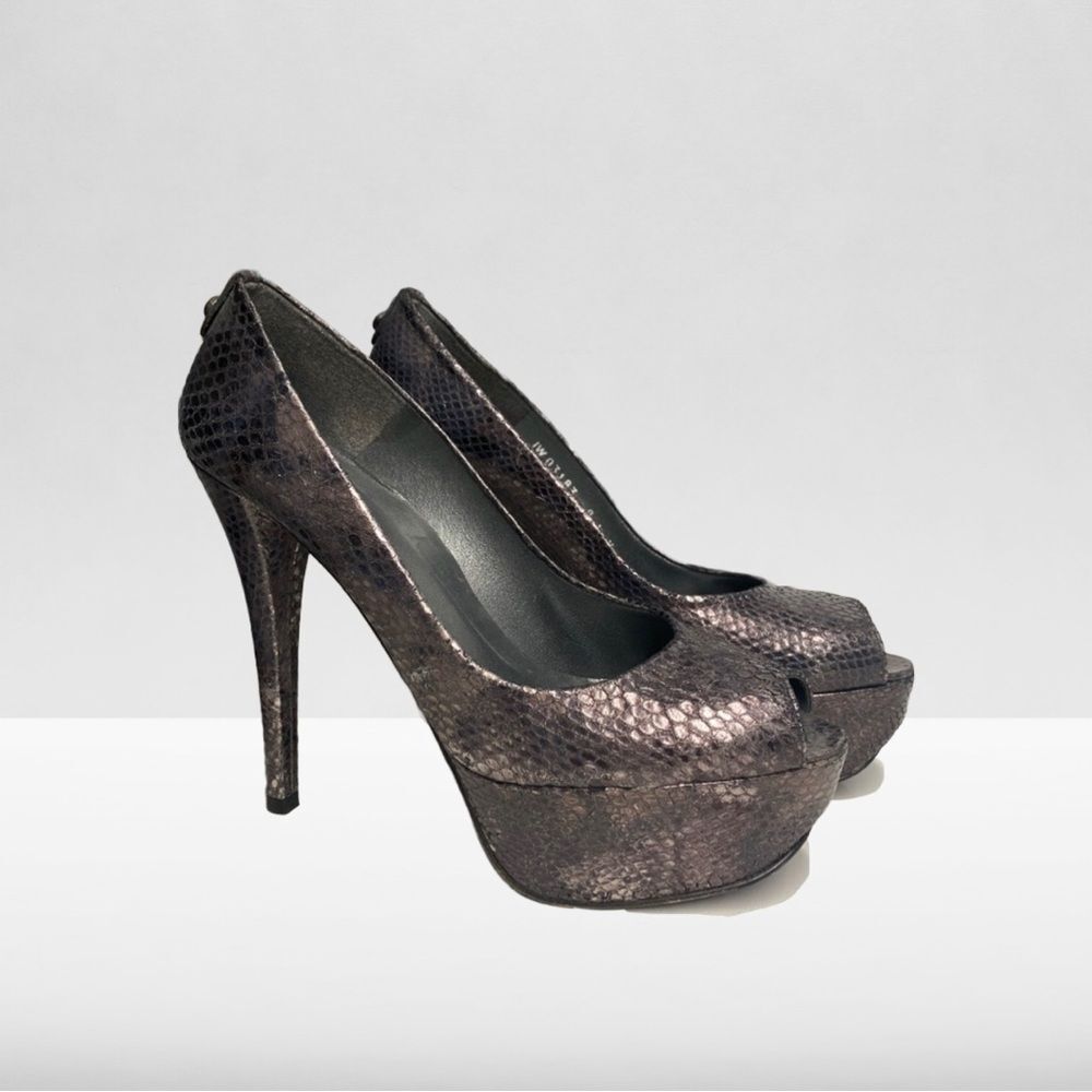 Stuart Weitzman Metallic Snakeskin Print PeepToe Platform Stiletto Heel Size 8.5